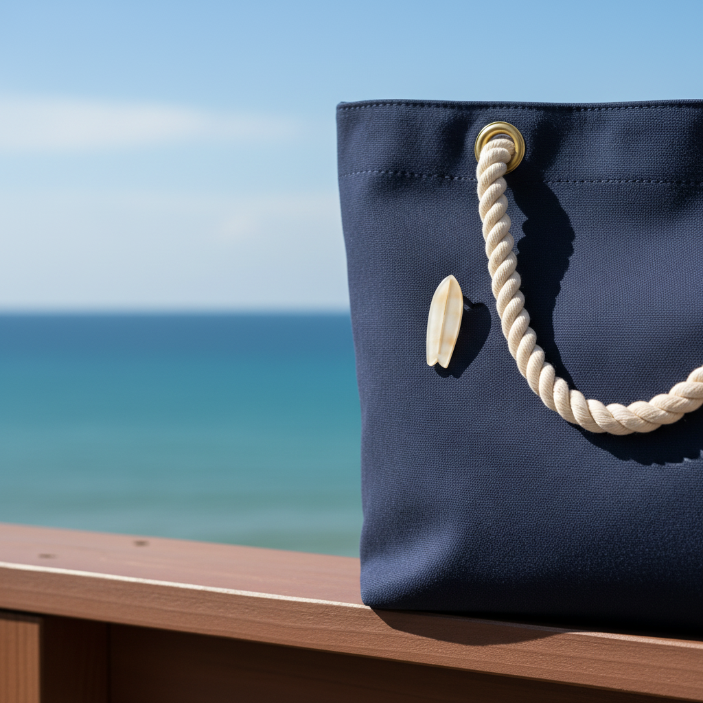 濃い色のバッグに極めて小さなブローチをつけた海の背景画像