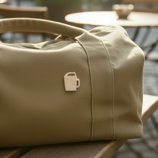 より小さなブローチをつけたカーキバッグ